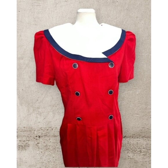 Vintage 80s Halmode Wide Collared Double Button Front Short Sleeve Midi Dress Sz - Picture 1 of 10